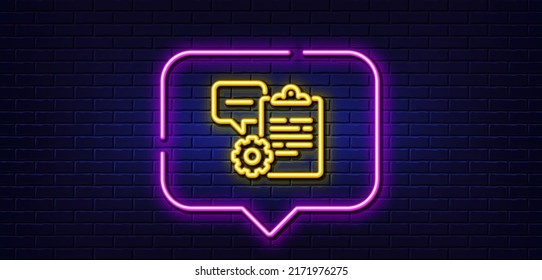 Neon light speech bubble. Clipboard document line icon. Agreement file sign. Survey record symbol. Neon light background. Clipboard glow line. Brick wall banner. Vector