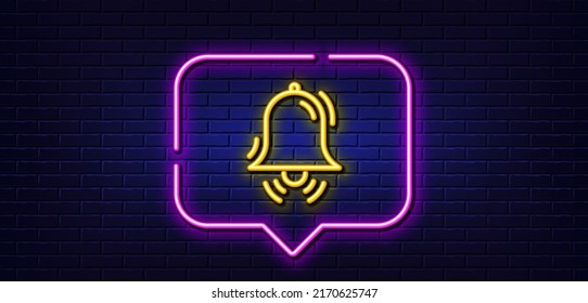 Neon light speech bubble. Clock bell line icon. Alarm sign. Neon light background. Clock bell glow line. Brick wall banner. Vector