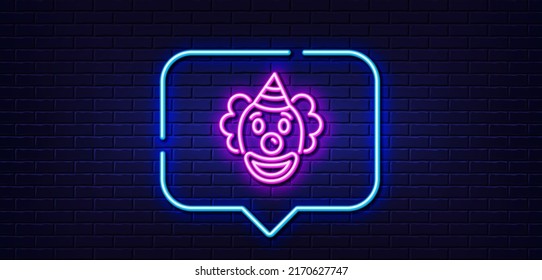 Neon light speech bubble. Clown line icon. Amusement park funnyman sign. Neon light background. Clown glow line. Brick wall banner. Vector
