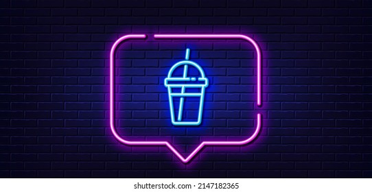 Neon light speech bubble. Coffee cocktail line icon. Hot latte, milkshake sign. Tea drink mug symbol. Neon light background. Coffee cocktail glow line. Brick wall banner. Vector