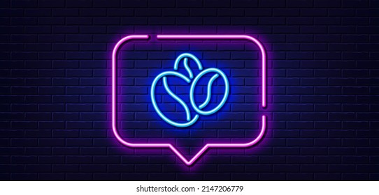 Neon Light-Sprechblase. Kaffeebohnen Linie Symbol. Heisses Cappuccino-Samenzeichen. Symbol für geröstete Samen. Neoner heller Hintergrund. Kaffeebohnen leuchten. Brick-Wand-Banner. Vektorgrafik