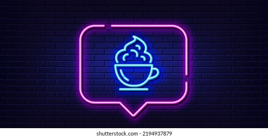 Neon light speech bubble. Coffee cup line icon. Hot cappuccino with cream sign. Tea drink mug symbol. Neon light background. Coffee cup glow line. Brick wall banner. Vector