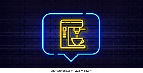 Neon light speech bubble. Coffee maker line icon. Vending machine sign. Make tea symbol. Neon light background. Coffee maker glow line. Brick wall banner. Vector