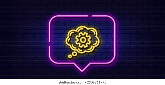 Neon light speech bubble. Cogwheel chat line icon. Engineering tool sign. Cog gear symbol. Neon light background. Cogwheel glow line. Brick wall banner. Vector
