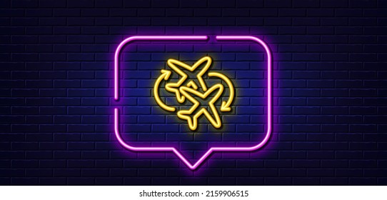 Neon light speech bubble. Connecting flight line icon. Change airplane sign. Airport symbol. Neon light background. Connecting flight glow line. Brick wall banner. Vector