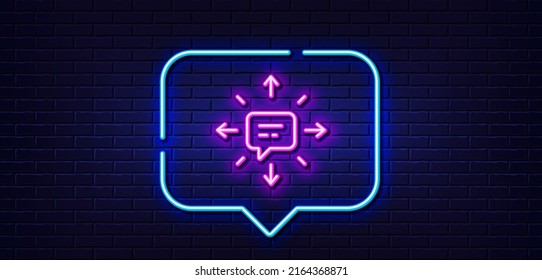 Neon light speech bubble. Conversation line icon. Chat Messages or SMS sign. Communication symbol. Neon light background. SMS glow line. Brick wall banner. Vector