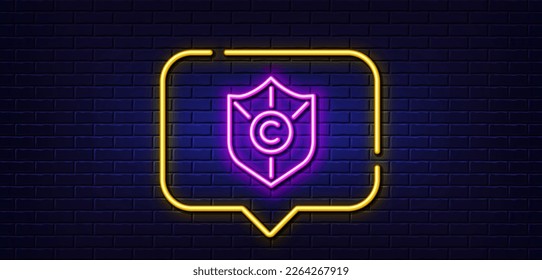 Neon light speech bubble. Copyright protection line icon. Copywriting sign. Shield symbol. Neon light background. Copyright protection glow line. Brick wall banner. Vector