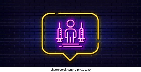 Neon light speech bubble. Coronavirus two injections line icon. Corona vaccine syringe sign. Covid jab symbol. Neon light background. Coronavirus injections glow line. Brick wall banner. Vector