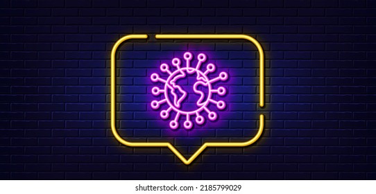 Neon light speech bubble. Coronavirus pandemic line icon. Covid-19 global virus sign. Corona virus symbol. Neon light background. Coronavirus glow line. Brick wall banner. Vector