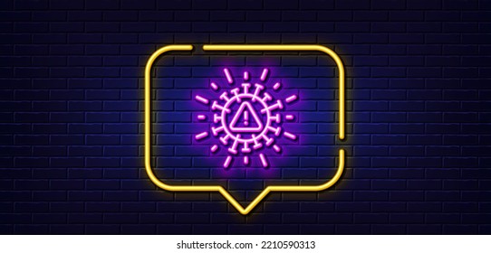 Neon light speech bubble. Coronavirus line icon. Covid virus sign. Infection alert symbol. Neon light background. Coronavirus glow line. Brick wall banner. Vector
