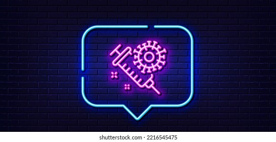 Neon light speech bubble. Coronavirus vaccine line icon. Covid-19 syringe sign. Corona virus symbol. Neon light background. Coronavirus vaccine glow line. Brick wall banner. Vector