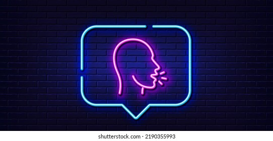 Neon light speech bubble. Cough line icon. Coronavirus symptom sign. Flu, sneeze or pneumonie symbol. Neon light background. Cough glow line. Brick wall banner. Vector