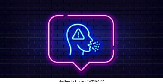 Neon light speech bubble. Cough line icon. Coronavirus symptom sign. Flu, sneeze or pneumonie symbol. Neon light background. Cough glow line. Brick wall banner. Vector