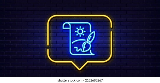 Burbuja de habla de luz neón. Icono de línea de pincel de pintura creativa. Signo de creatividad. Símbolo de arte gráfico. Fondo neón de luz. Línea de brillo de pintura creativa. Banner de pared de ladrillo. Vector
