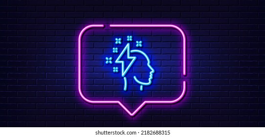 Neon light speech bubble. Creative brainstorming line icon. Human head with lightning bolt sign. Inspiration symbol. Neon light background. Brainstorming glow line. Brick wall banner. Vector