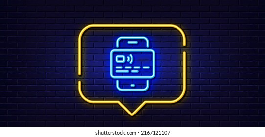 Neon light speech bubble. Credit card line icon. Bank money payment sign. Mobile phone pay symbol. Neon light background. Card glow line. Brick wall banner. Vector