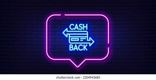 Burbuja de habla de luz neón. Icono de línea de tarjeta de crédito. Cartel de la tarjeta de pago bancaria. Símbolo del servicio de respaldo en caché. Fondo neón de luz. Línea de brillo de la tarjeta de respaldo. Banner de pared de ladrillo. Vector
