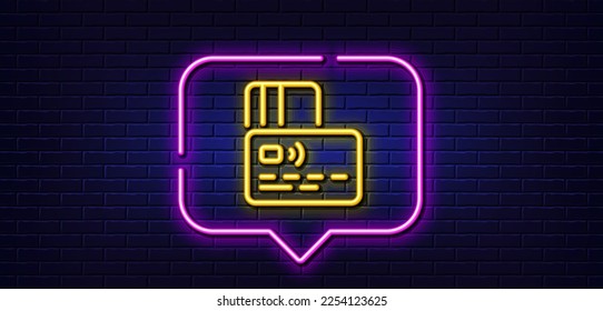 Neon Light-Sprechblase. Kreditkartensymbol. Banküberweisungszeichen. Symbol für bargeldlose Bezahlung Neoner heller Hintergrund. Kartenleuchte. Brick-Wand-Banner. Vektorgrafik