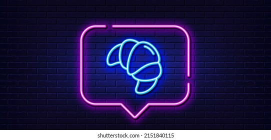 Neon light speech bubble. Croissant line icon. Bakery food sign. Pastry bun symbol. Neon light background. Croissant glow line. Brick wall banner. Vector