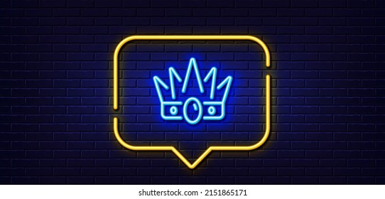 Neon light speech bubble. Crown line icon. King or queen corona sign. Royal monarchy symbol. Neon light background. Crown glow line. Brick wall banner. Vector