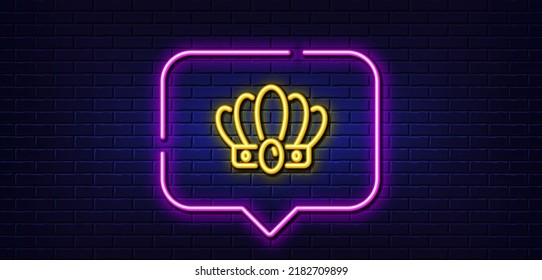 Neon light speech bubble. Crown line icon. King or queen corona sign. Royal monarchy symbol. Neon light background. Crown glow line. Brick wall banner. Vector