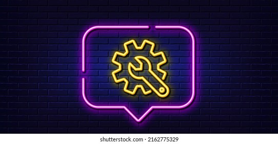 Neon light speech bubble. Customisation line icon. Settings or editing sign. Repair symbol. Neon light background. Customisation glow line. Brick wall banner. Vector