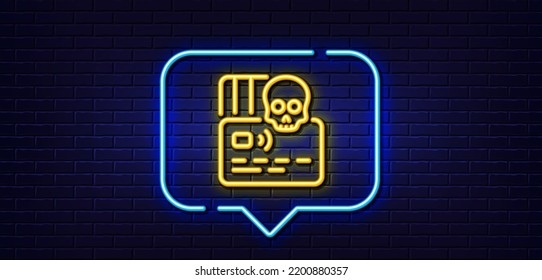 Burbuja de habla de luz neón. Icono de la línea de ataque cibernético. Signo de amenaza de Ransomware. Símbolo de phishing de tarjeta de crédito. Fondo neón de luz. Línea de brillo de ciberataques. Banner de pared de ladrillo. Vector