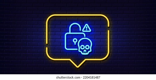 Neon Light Speech Bubble. Cyber Attack Line Icon. Ransomware Threat Sign. Password Cracking Symbol. Neon Light Background. Cyber Attack Glow Line. Brick Wall Banner. Vector