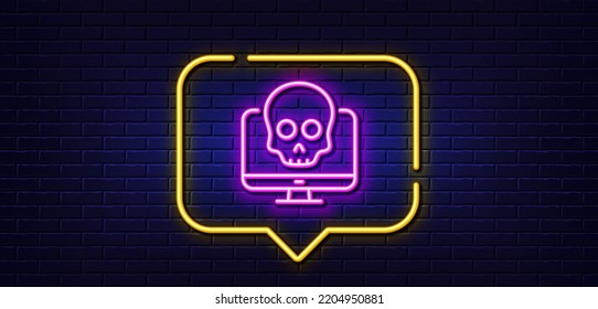 Neon Light Speech Bubble. Cyber Attack Line Icon. Ransomware Threat Sign. Computer Phishing Virus Symbol. Neon Light Background. Cyber Attack Glow Line. Brick Wall Banner. Vector