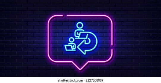 Neon light speech bubble. Delegate work line icon. Teamwork share sign. Remote office symbol. Neon light background. Delegate work glow line. Brick wall banner. Vector