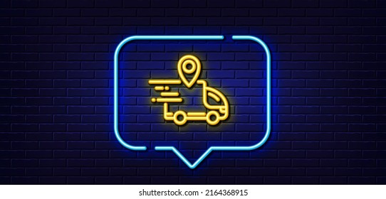 Burbuja de habla de luz neón. Icono de línea de camión de entrega. Signo de ubicación de usuario. Símbolo de entrega de pedido. Fondo neón de luz. Línea de resplandor del camión de entrega. Banner de pared de ladrillo. Vector