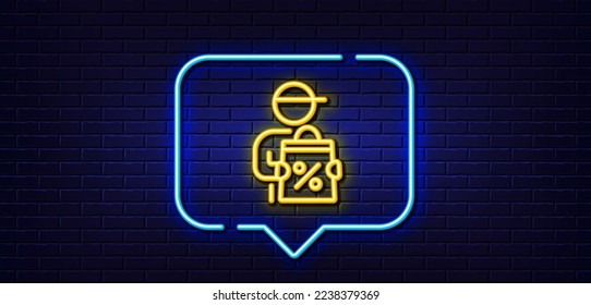 Neon light speech bubble. Delivery discount line icon. Sale offer sign. Courier promotion symbol. Neon light background. Delivery discount glow line. Brick wall banner. Vector