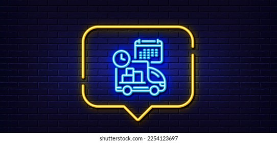 Neon Light-Sprechblase. Lieferzeitplan-Symbol Logistikkalender-Zeichen. Ladungserinnerungssymbol. Neoner heller Hintergrund. Lieferglühlinie. Brick-Wand-Banner. Vektorgrafik