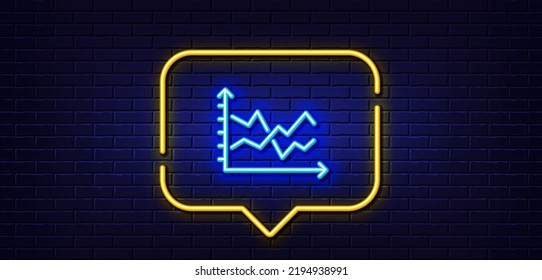Neon light speech bubble. Diagram chart line icon. Presentation graph sign. Market analytics symbol. Neon light background. Diagram chart glow line. Brick wall banner. Vector