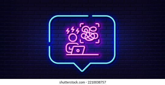 Neon light speech bubble. Difficult stress line icon. Online psychology sign. Confused mental health symbol. Neon light background. Difficult stress glow line. Brick wall banner. Vector