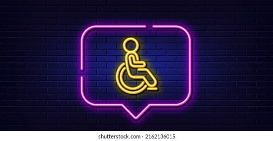 Neon light speech bubble. Disability person line icon. Wheelchair user sign. Person transportation symbol. Neon light background. Disability glow line. Brick wall banner. Vector