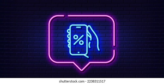 Neon light speech bubble. Discounts app line icon. Sale offer sign. Phone promotion price symbol. Neon light background. Discounts app glow line. Brick wall banner. Vector