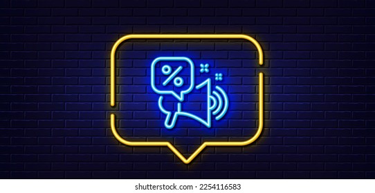 Neon light speech bubble. Discounts offer line icon. Sale promotion sign. Megaphone offer symbol. Neon light background. Discounts offer glow line. Brick wall banner. Vector
