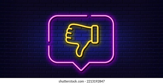 Burbuja de habla de luz neón. No le gusta el icono de la línea de mano. Señal de los dedos abajo. Símbolo gesto. Fondo neón de luz. No me gusta la línea de brillo de la mano. Banner de pared de ladrillo. Vector