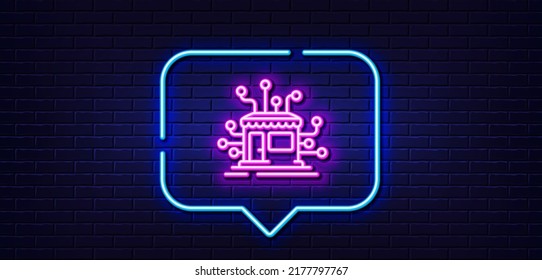 Burbuja de habla de luz neón. Icono de línea de red de distribución. Cartel de la tienda del mercado. Símbolo de almacén de Marketplace. Fondo neón de luz. Línea de brillo de distribución. Banner de pared de ladrillo. Vector