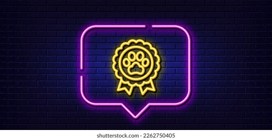 Neon light speech bubble. Dog competition line icon. Pets award sign. Champion winner medal symbol. Neon light background. Dog competition glow line. Brick wall banner. Vector