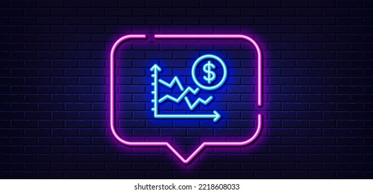 Burbuja de habla de luz neón. Icono de línea de tarifas de dólar. Signo de cambio de moneda. Símbolo del comercio de dinero. Fondo neón de luz. Línea de brillo de la tasa de dólar. Banner de pared de ladrillo. Vector
