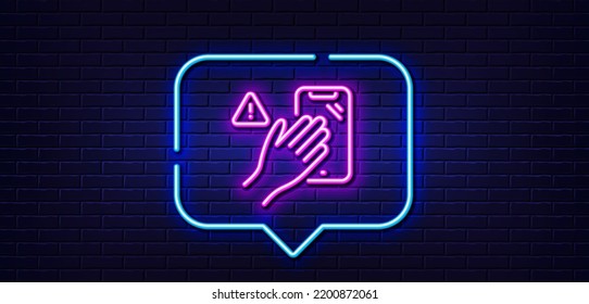 Neon light speech bubble. Dont touch phone line icon. Hand warning sign. Hygiene notification symbol. Neon light background. Dont touch glow line. Brick wall banner. Vector