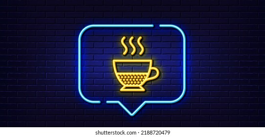 Neon light speech bubble. Doppio coffee icon. Hot drink sign. Beverage symbol. Neon light background. Doppio glow line. Brick wall banner. Vector