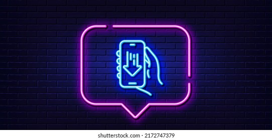 Burbuja de habla de luz neón. Descargar el icono de la línea de la aplicación. Mano con la señal de teléfono. Teléfono móvil con símbolo de notificación de pantalla. Fondo neón de luz. Descargar la línea de brillo de la aplicación. Banner de pared de ladrillo. Vector