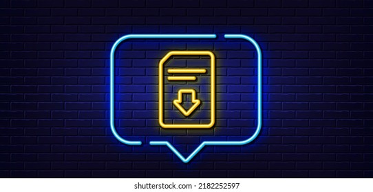 Burbuja de habla de luz neón. Descargar icono de línea de documento. Signo de archivo de información. Símbolo de concepto de página de papel. Fondo neón de luz. Descargar la línea de brillo del archivo. Banner de pared de ladrillo. Vector