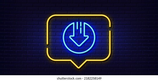 Burbuja de habla de luz neón. Icono de línea de descarga. Signo de flecha abajo. Símbolo de descuento. Fondo neón de luz. Descargar línea de brillo de flecha. Banner de pared de ladrillo. Vector