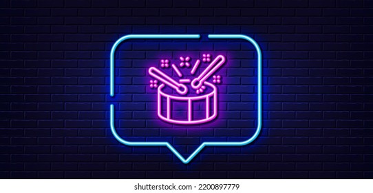 Neon light speech bubble. Drums with drumsticks line icon. Music sign. Musical instrument symbol. Neon light background. Drums glow line. Brick wall banner. Vector