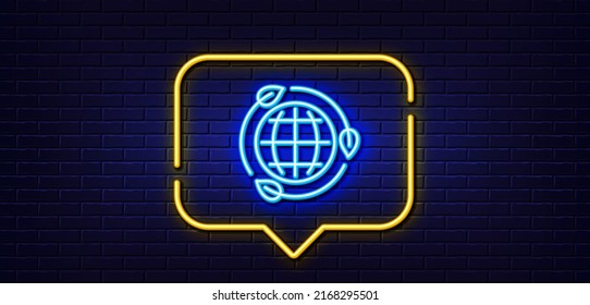 Neon light speech bubble. Eco energy line icon. Green world sign. Ecology power symbol. Neon light background. Eco energy glow line. Brick wall banner. Vector