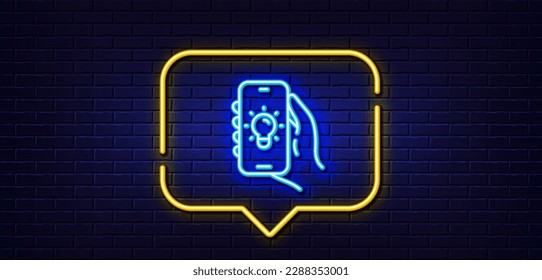 Neon light speech bubble. Electric app line icon. Hand hold phone sign. Cellphone with screen notification symbol. Neon light background. Electric app glow line. Brick wall banner. Vector